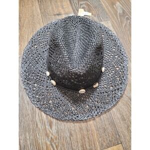 Jen & Co Women Black Woven Straw Sun Hat Cowrie Shell Trim Beach Fedora NEW